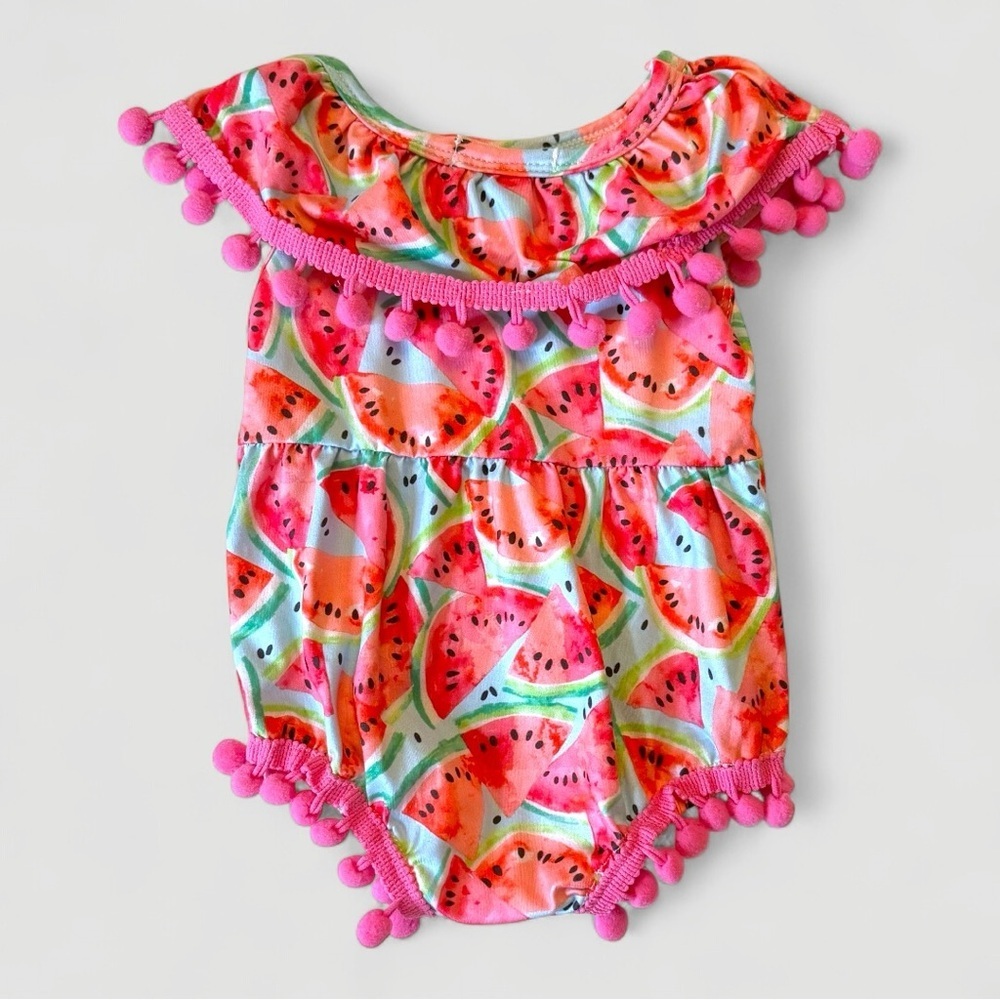 Clover Cottage Baby Boutique Watermelon Pom Pom Baby Girls Romper 0-6M NWOT
